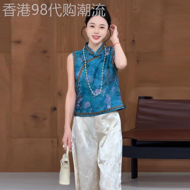 香港代购新中式国风衬衫女夏季新款时髦无袖减龄气质短款盘扣上衣