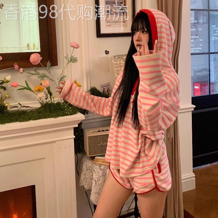 法国BERYDIA粉色韩版撞色条纹连帽睡衣少女夏季新款大尺码家居服