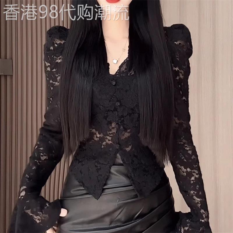 黑色蕾丝镂空打底衫女2025夏季新款性感纯欲V领修身显瘦内搭上衣
