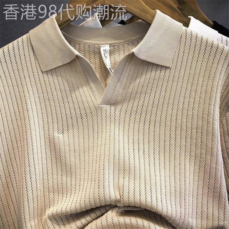2026夏季轻熟风时尚镂空小V领设计冰丝针织POLO衫男翻领短袖T恤