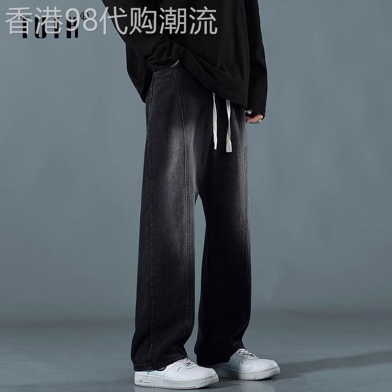 牛仔裤男款夏季潮牌宽松松紧腰直筒长裤子男士潮流百搭抽绳休闲裤