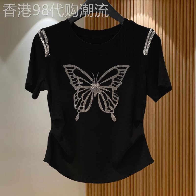 2026夏季新款洋派烫钻圆领短袖T恤女装韩版修身显瘦蝴蝶结上衣