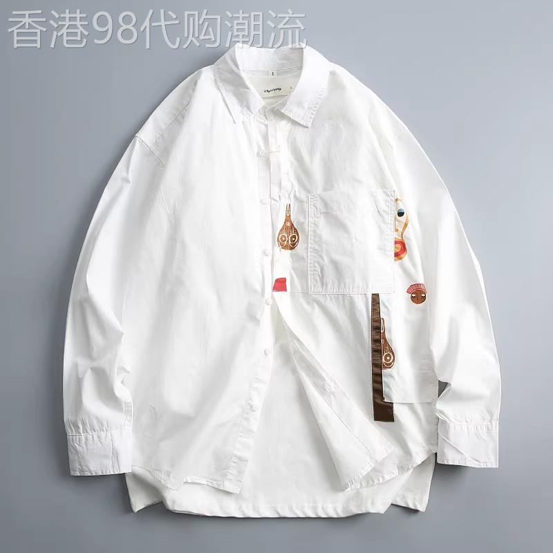 Madness Mdns Clot日系小众印花纯棉休闲长袖衬衫男宽松白色衬衣