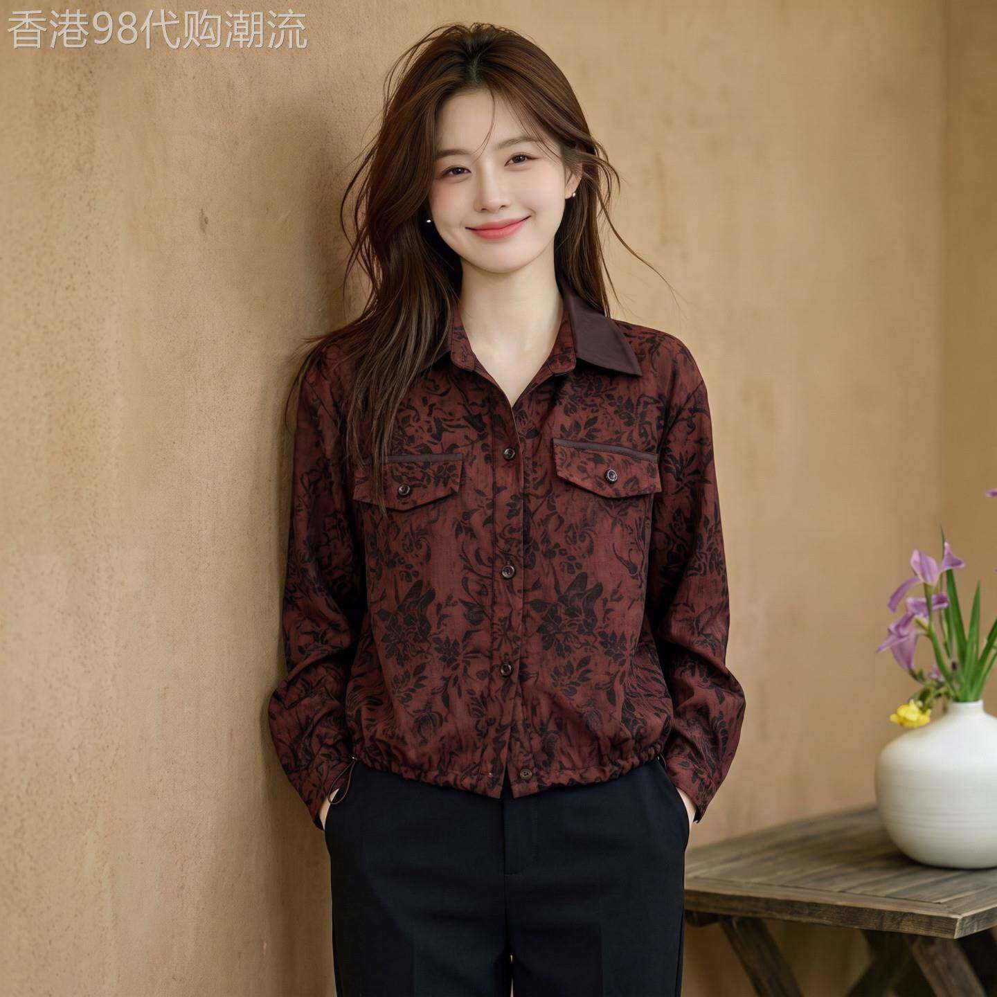 复古印花翻领衬衫女秋季新款长袖双口袋显瘦减龄百搭气质减龄上衣