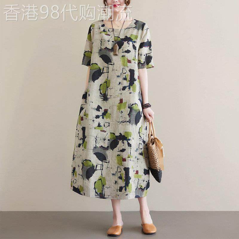 棉麻洋装女夏季短袖2025年新款气质宽松显瘦民族风印花亚麻长裙