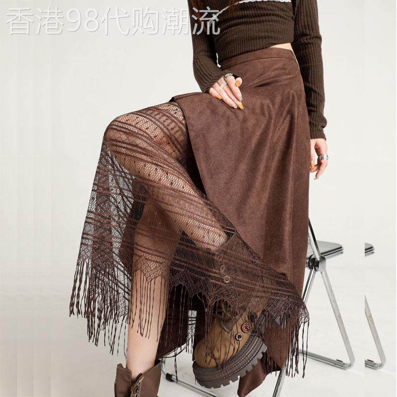 不规则麂皮绒半身裙女2026年秋冬季新款高腰显瘦a字蕾丝长裙裙子