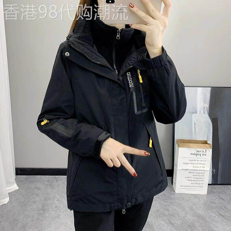 黑色冲锋衣外套女三合一可拆卸秋冬季加绒加厚保暖风衣滑雪登山服
