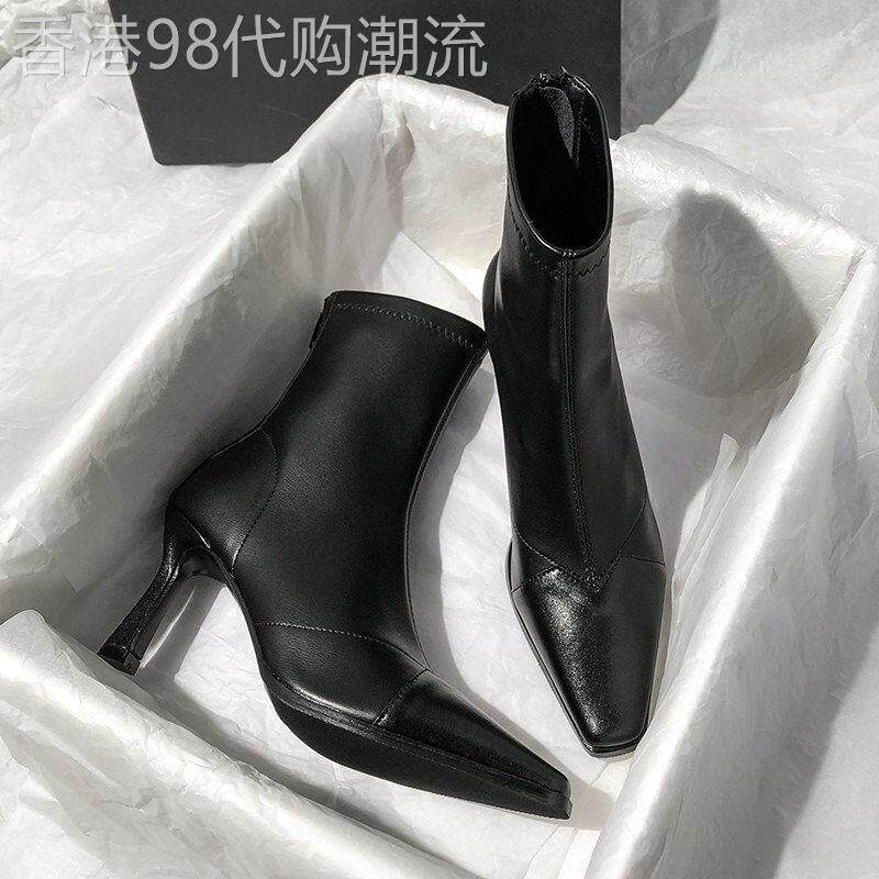 QVU品牌专柜！法式黑色高跟短靴女细跟秋冬加绒小方头弹力瘦瘦靴