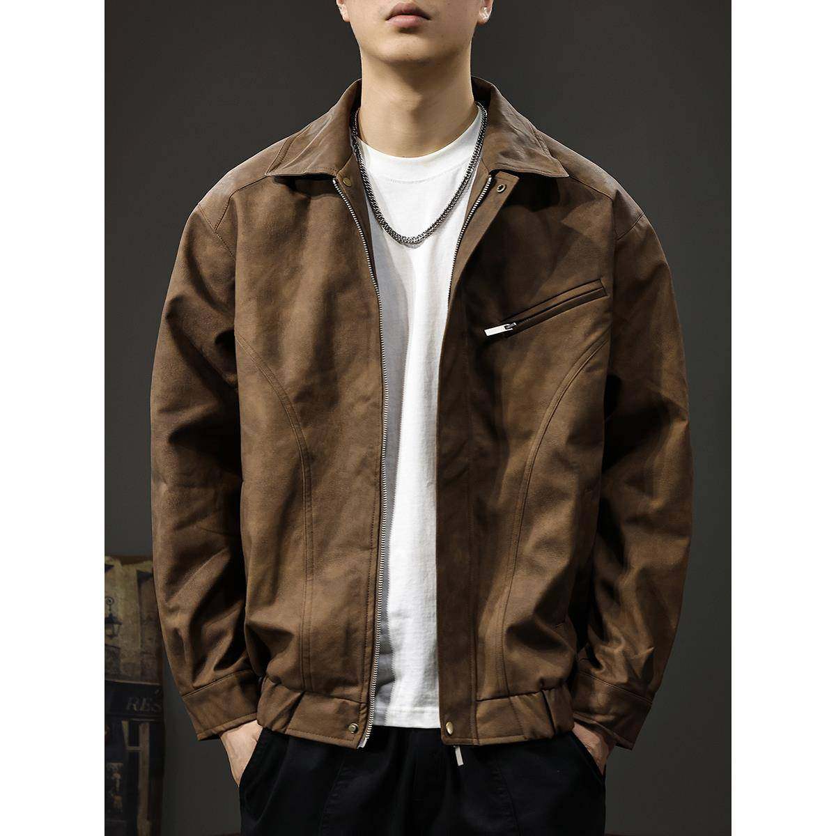 TWG男士皮衣外套美拉德美式覆古春秋季休闲高级感痞帅飞行员夹克