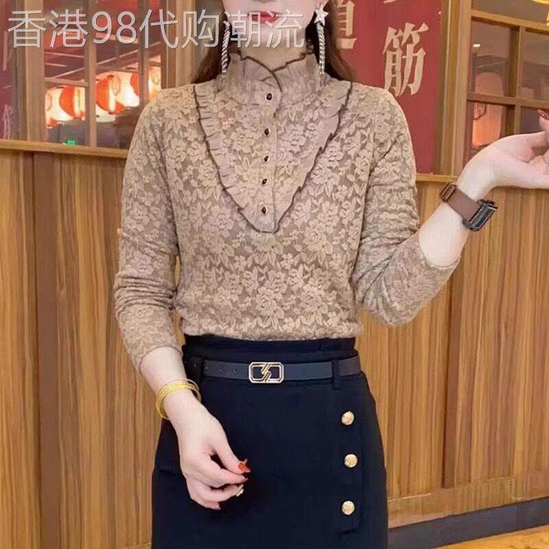 半高领蕾丝打底衫女士秋冬加绒2025新款大码内搭时尚洋气小衫上衣