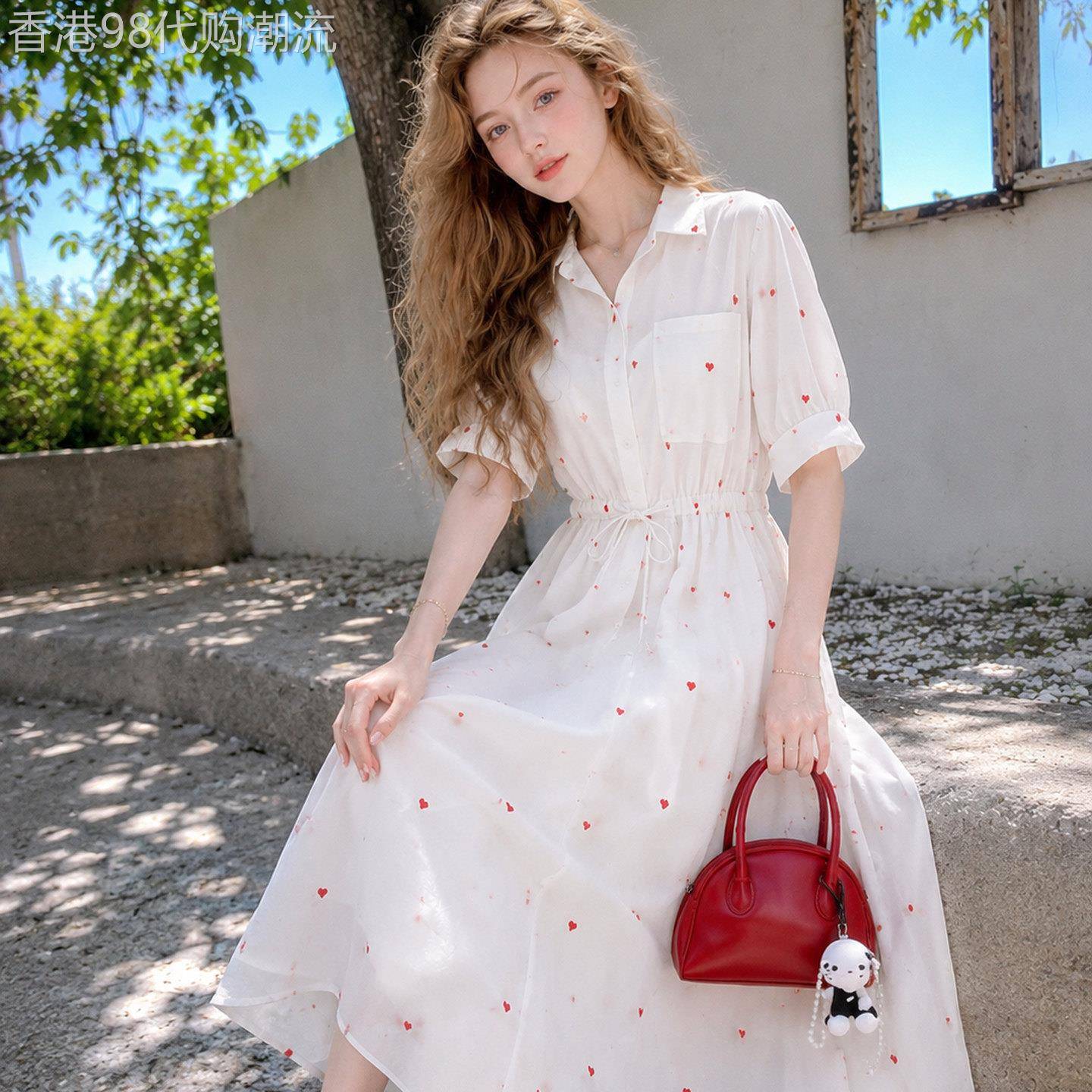连衣裙女夏2026新款收腰刺绣初恋法式中长款爱心印花甜美衬衫裙薄