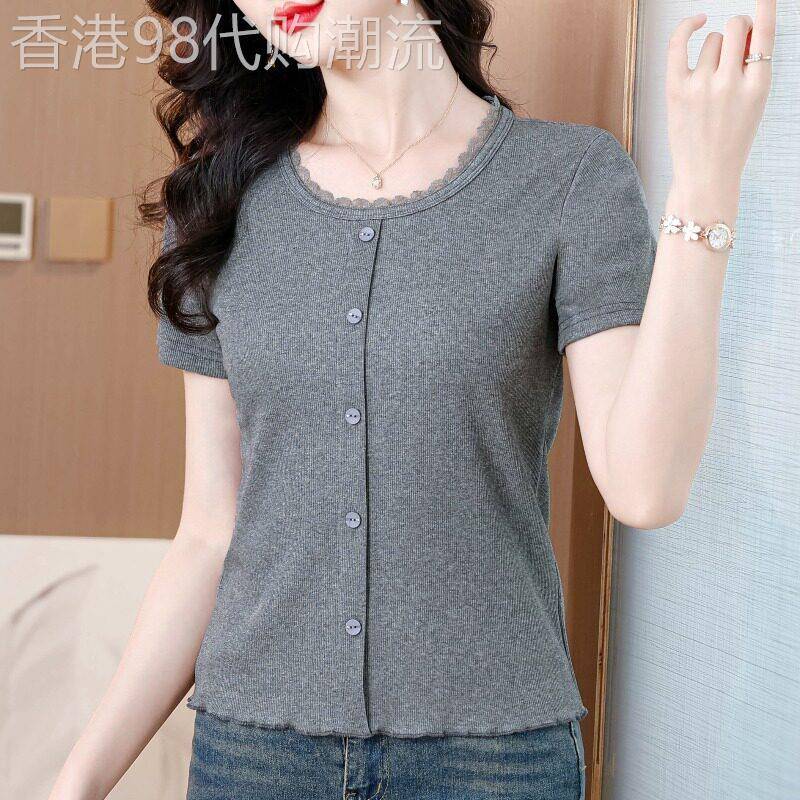 中年妈妈时尚花边圆领气质短袖t恤2026夏季新款洋气减龄针织上衣
