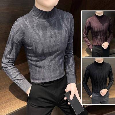 欧洲站半高领男士打底衫秋冬高级感中领针织衫新款内搭修身毛衣潮