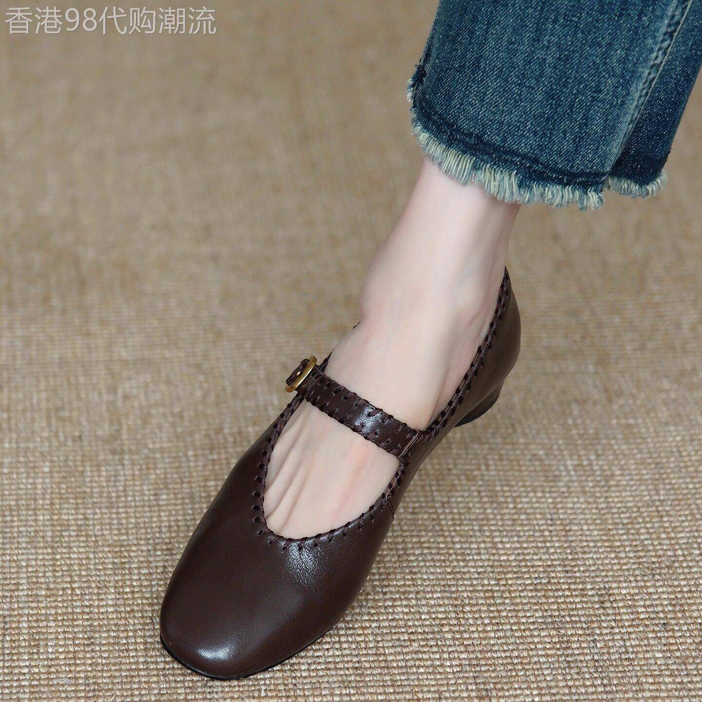 MENEER-M法式软羊皮玛丽珍鞋软底编织圆头通勤一字扣带中跟女单鞋