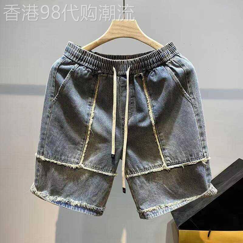 潮牌毛边拼接牛仔短裤男夏季新款潮流痞帅裤子美式复古休闲五分裤图片
