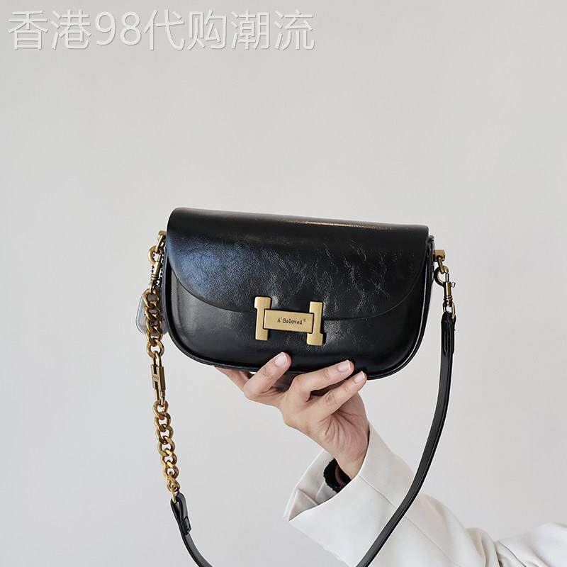 小众2025新款复古链条油腊纹真皮马鞍包女高级感腋下单肩包斜挎包