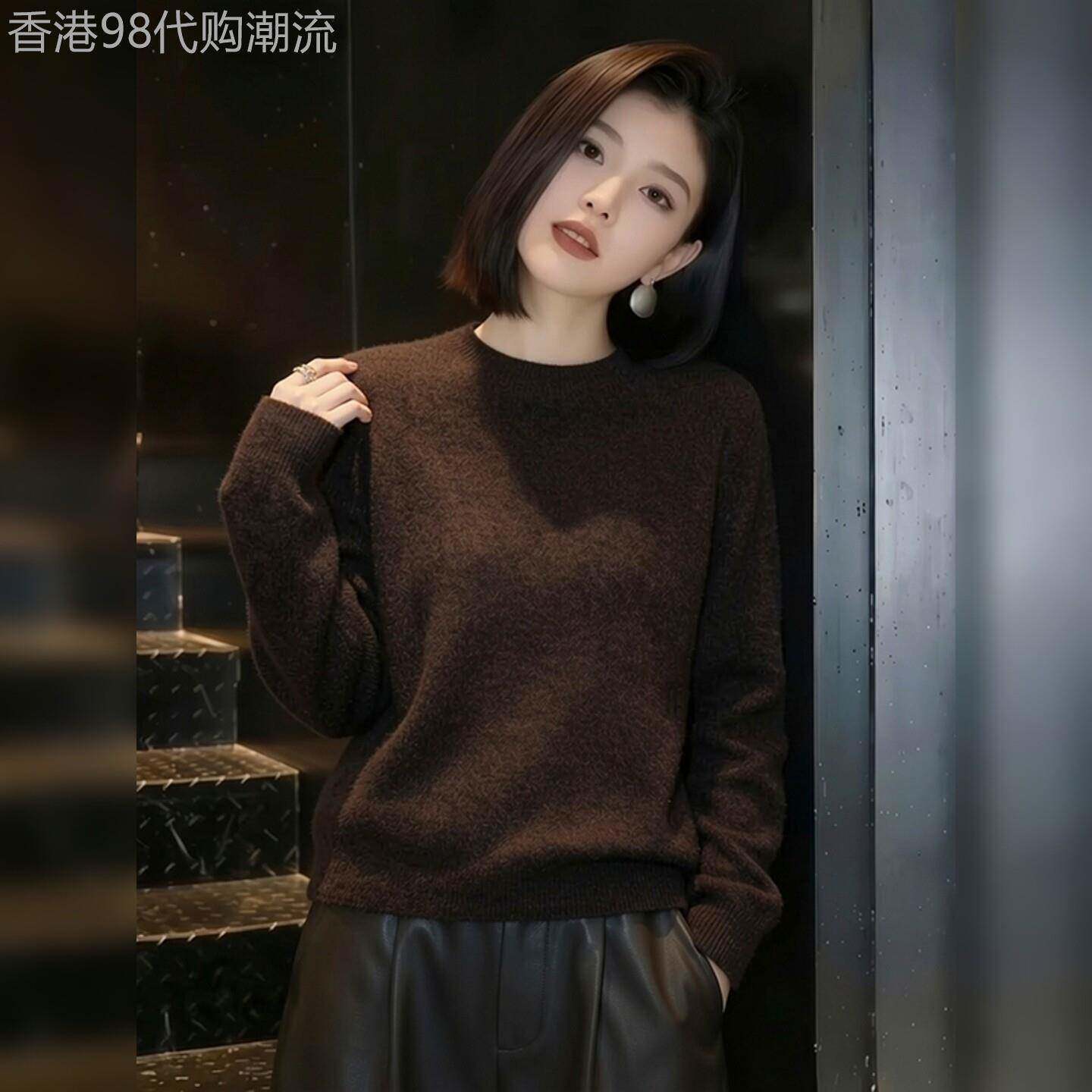 高级感咖色圆领长袖针织衫女2026春季新款休闲简约百搭显瘦毛衣潮