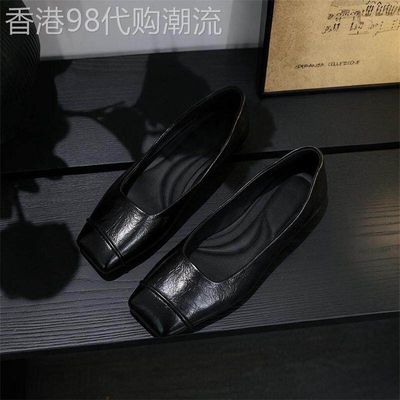 轻奢通勤复古真皮一脚蹬女黑色平底鞋女显脚小方头舒适浅口单鞋
