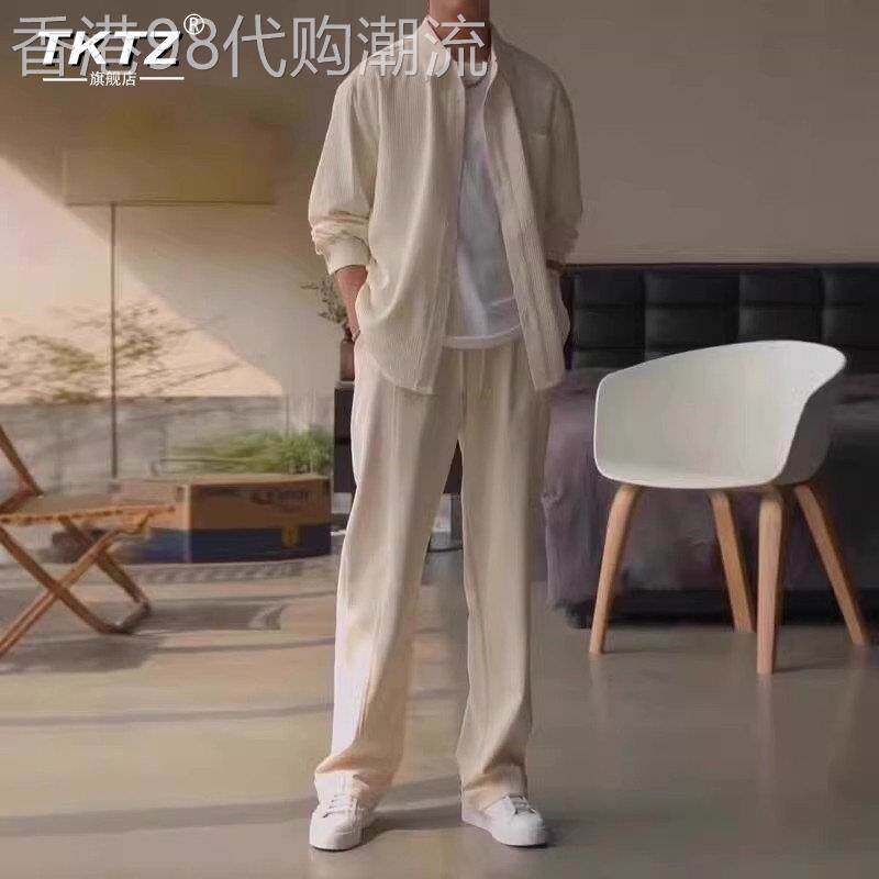 轻熟风华夫格衬衫爆款套装男士2026新款秋季休闲裤子衬衣外套男款
