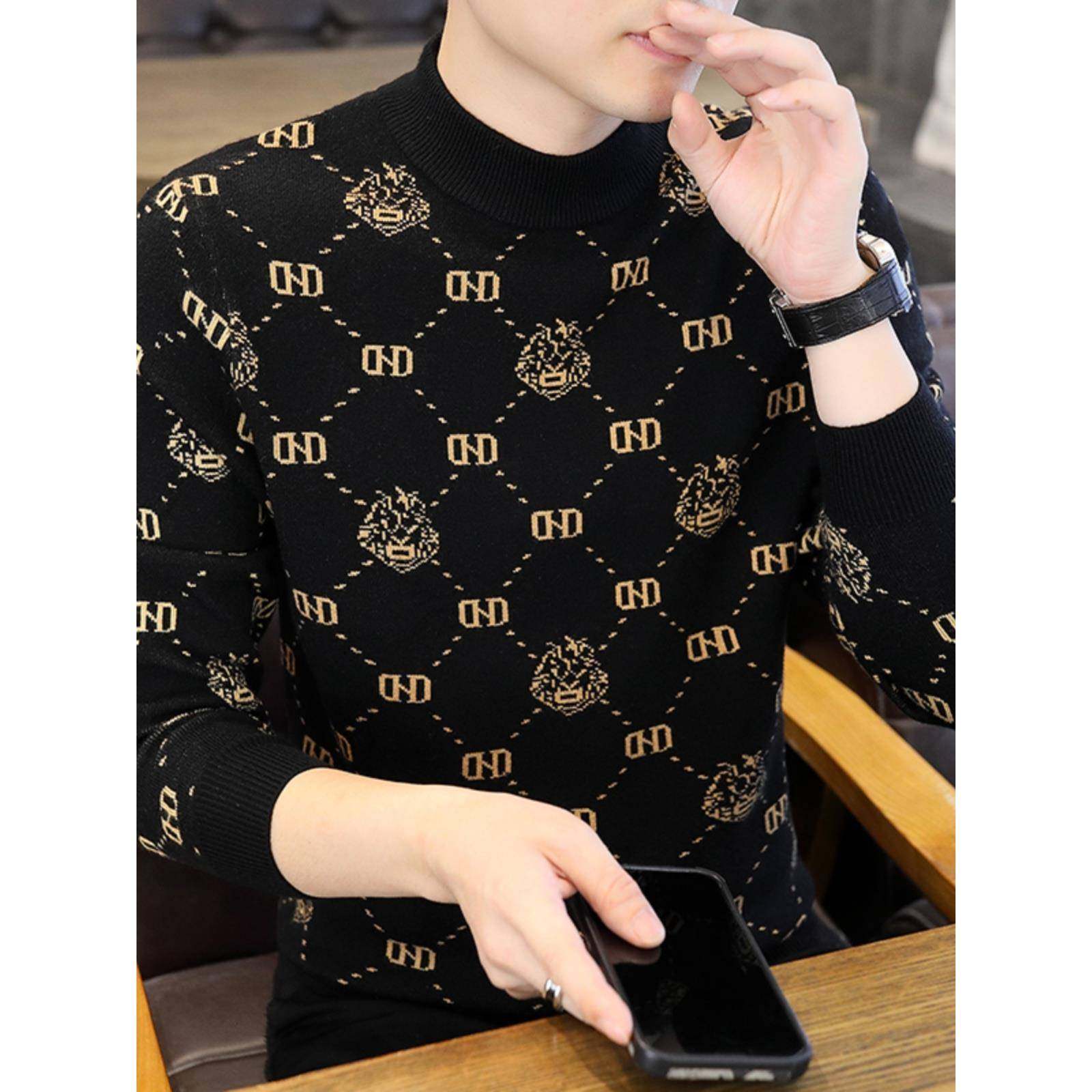 秋冬新款半高领格子毛衣男秋冬款韩版潮流印花修身羊绒针织打底衫