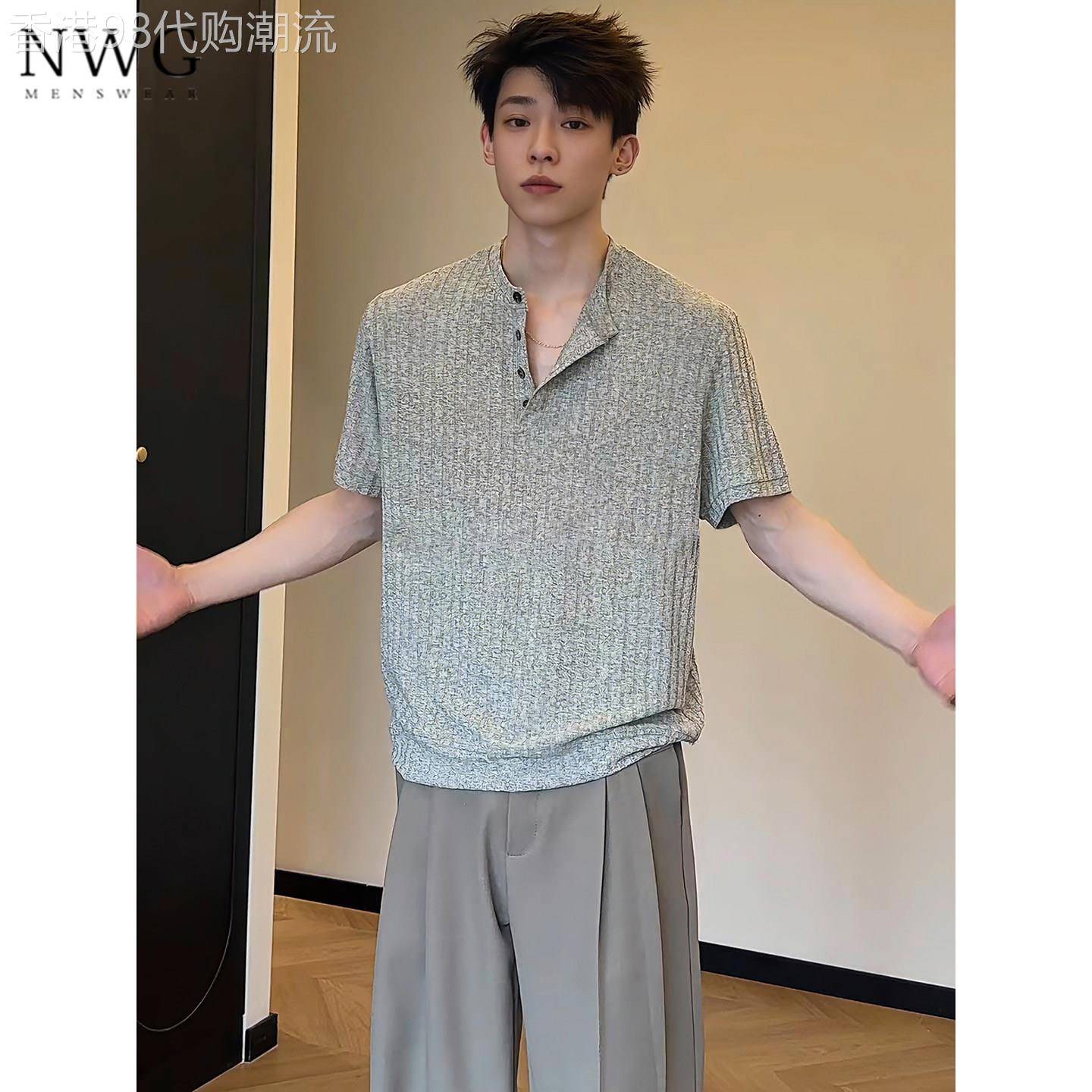米灰色亨利领短袖POLO衫男夏季美式透气针织正肩半袖T恤休闲上衣