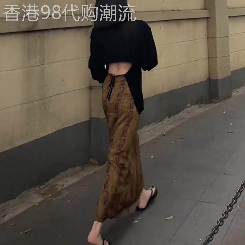 复古印花半身裙女2025早秋新款高腰显瘦开叉宽松气质百搭直筒长裙