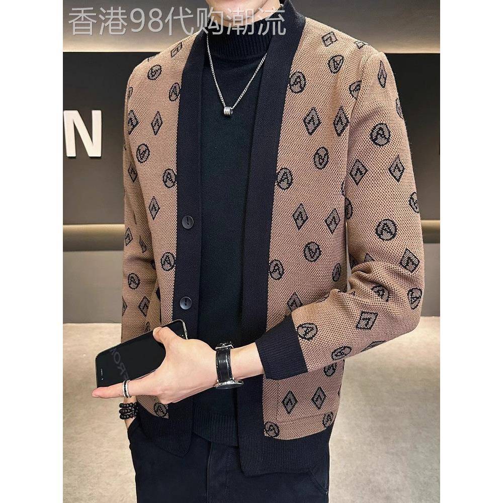 MK高级感印花开衫外套男春秋季新款潮牌痞帅针织毛线衣男士夹克潮