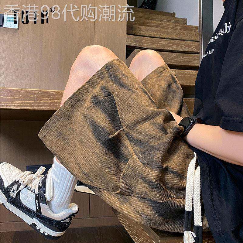 褶皱扎染短裤男款夏季潮牌宽松大码工装五分裤美式高街休闲中裤子