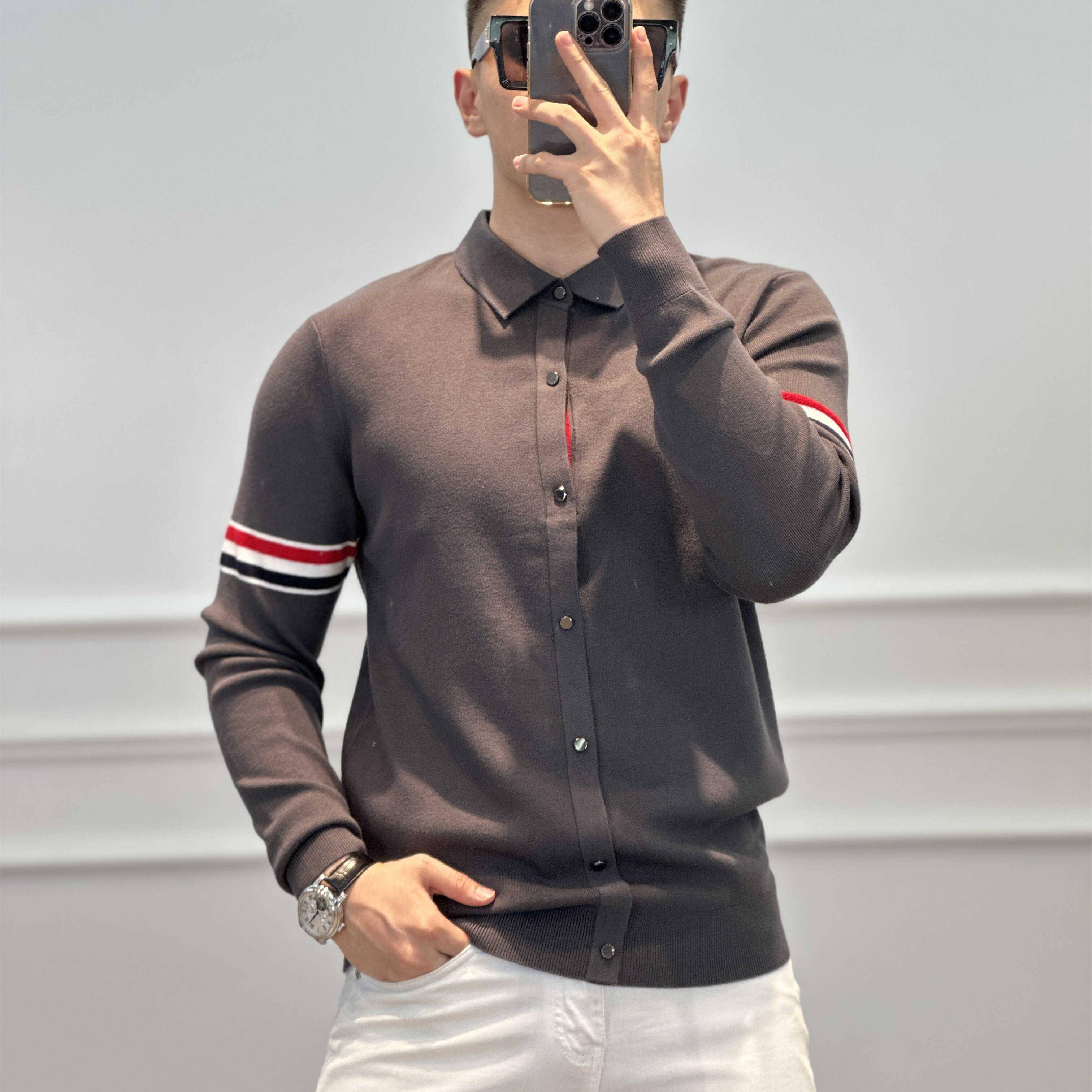 新品欧货男士长袖针织衫毛衣商务轻奢织带翻领长袖修身打底羊毛衫