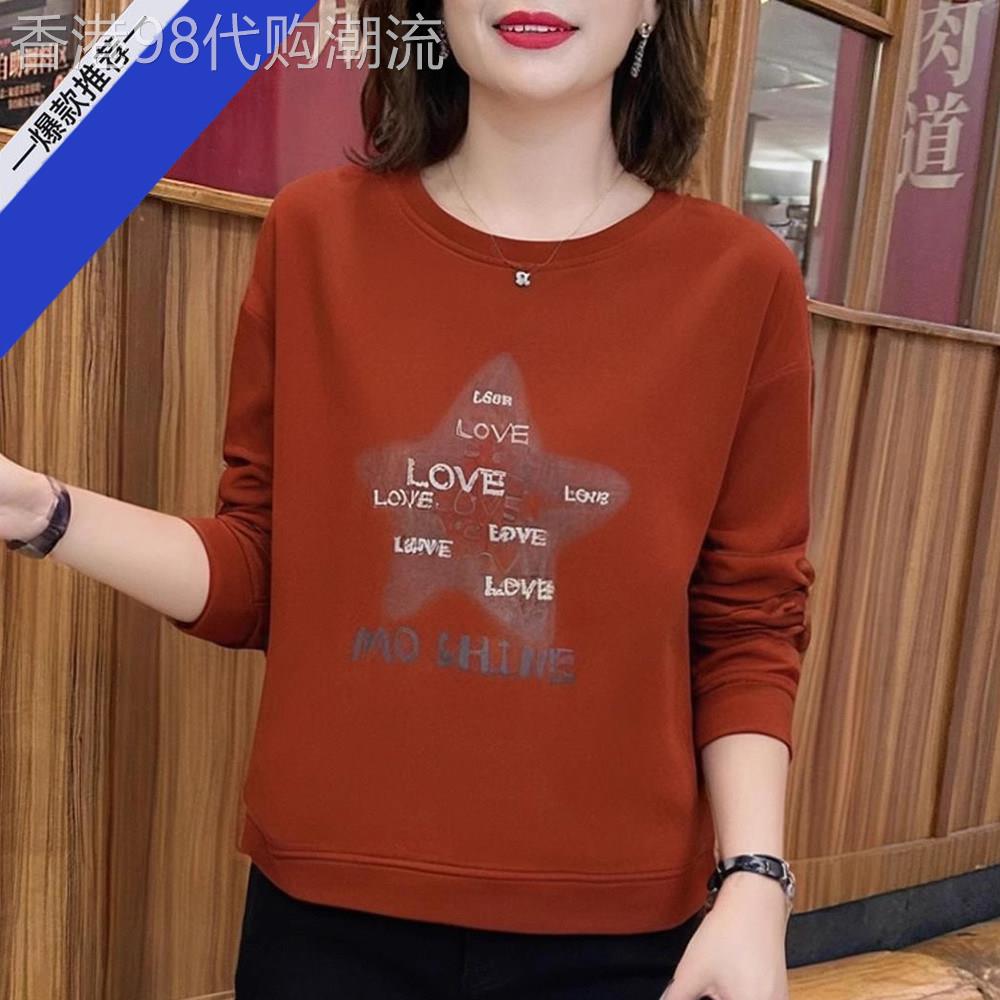 洋派减龄妈妈装圆领印花长袖厚棉T2026春秋新款宽松显瘦休闲内搭
