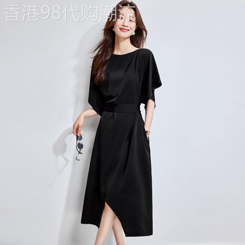 法式高级感气质连衣裙女2026夏季新款一字领蝙蝠袖收腰显瘦长裙子