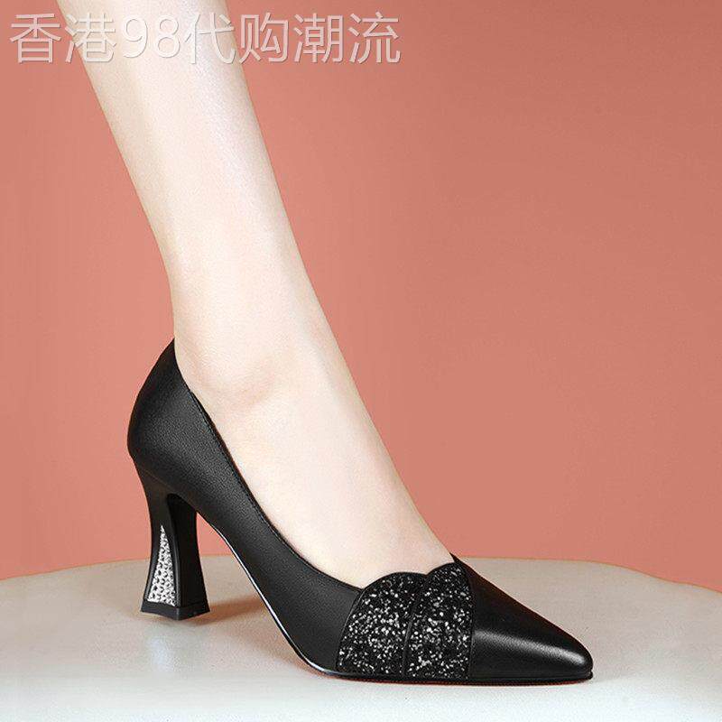时尚百搭不累脚浅口单鞋女2025春秋季新款尖头水钻粗跟百搭高跟鞋