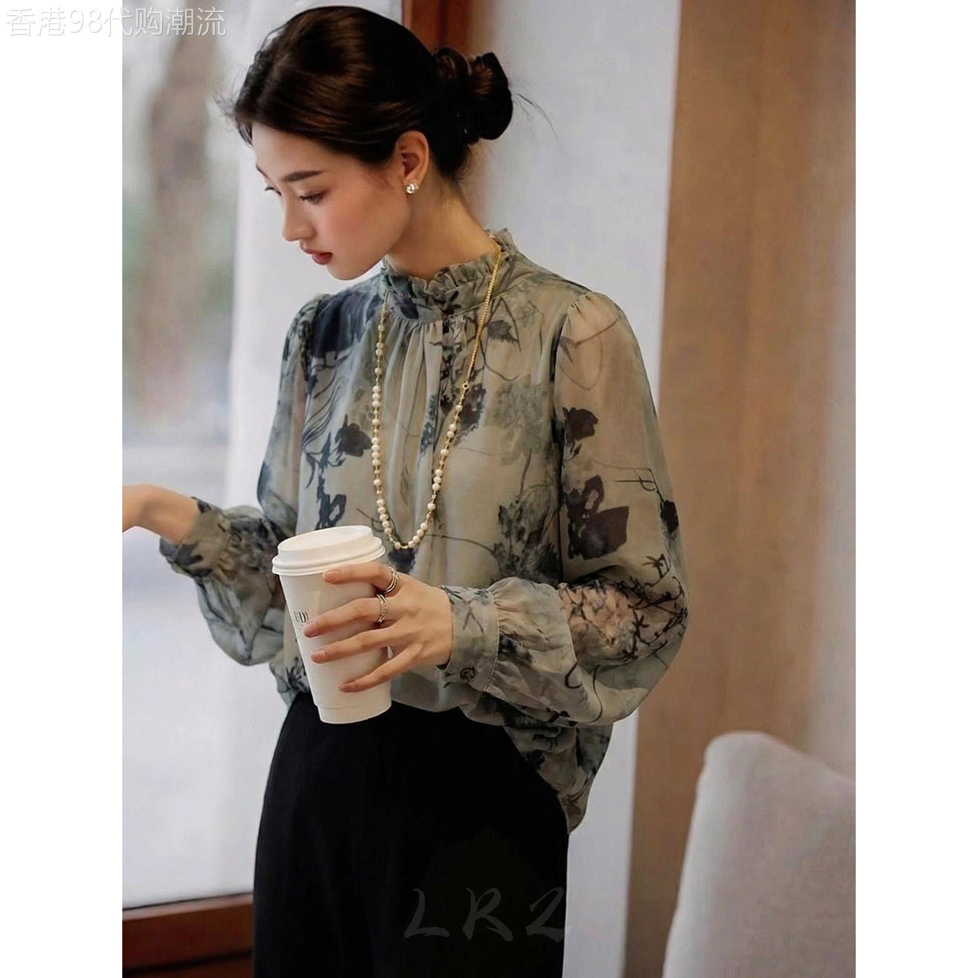 法式高级感印花长袖立领衬衫女春季新款灯笼袖显瘦时尚绿色上衣