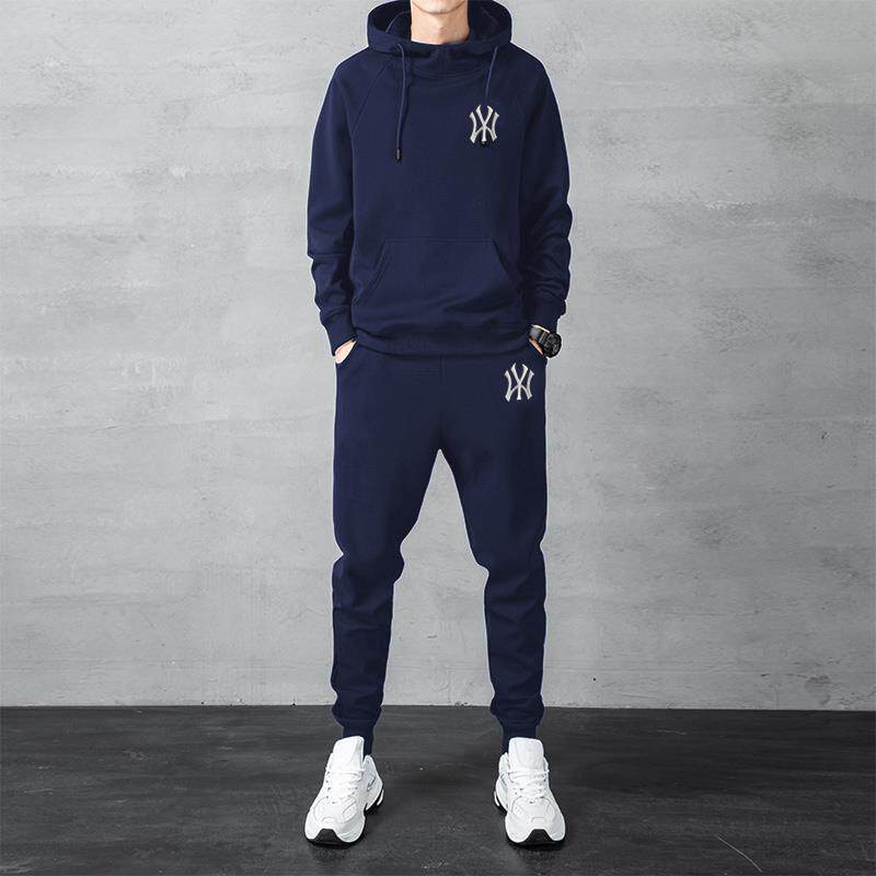 秋冬新款帅气纯棉大码潮牌连帽卫衣休闲宽松跑步加绒运动服套装男