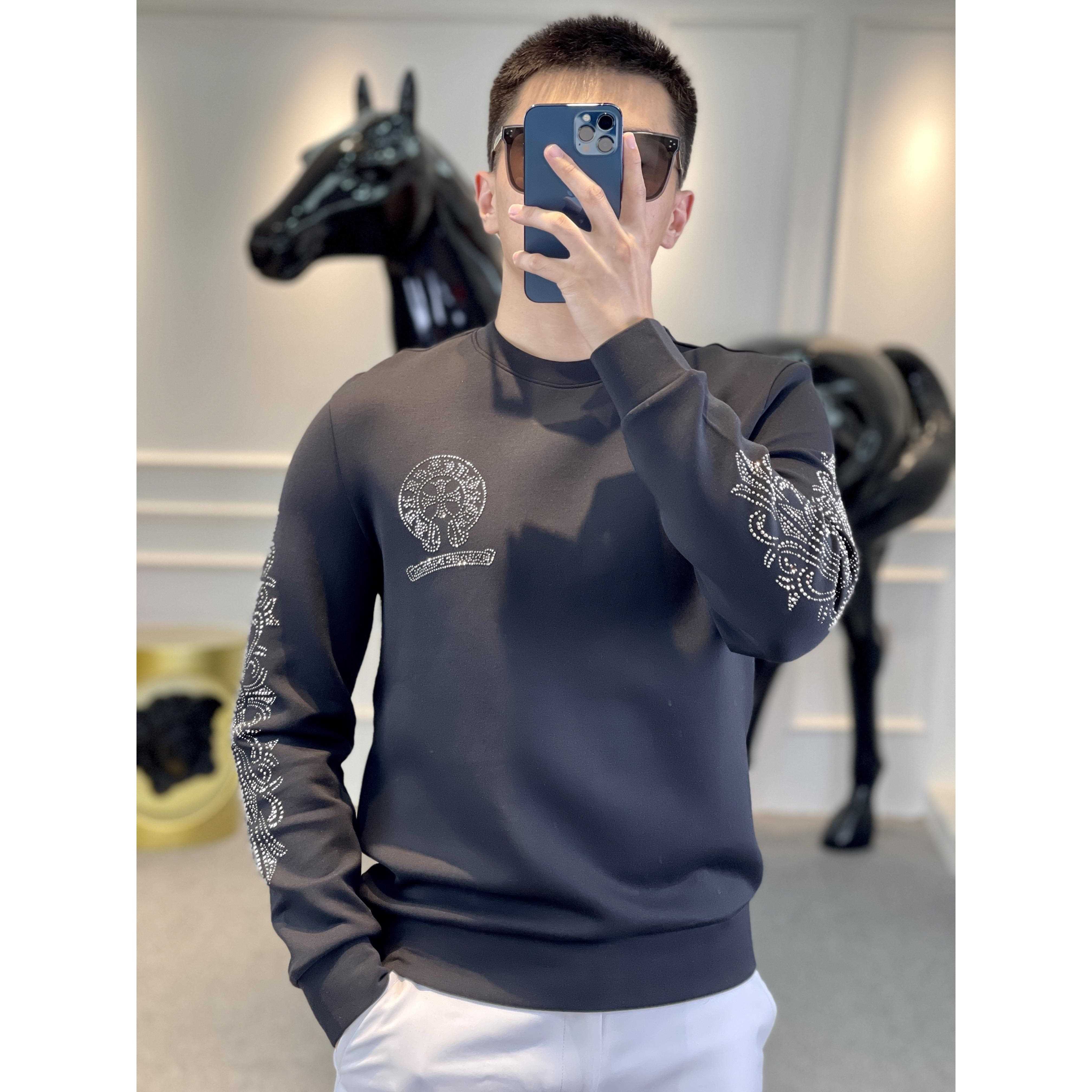 2022秋冬新款欧洲站男潮流烫钻卫衣休闲圆领时尚ins长袖T恤打底衫