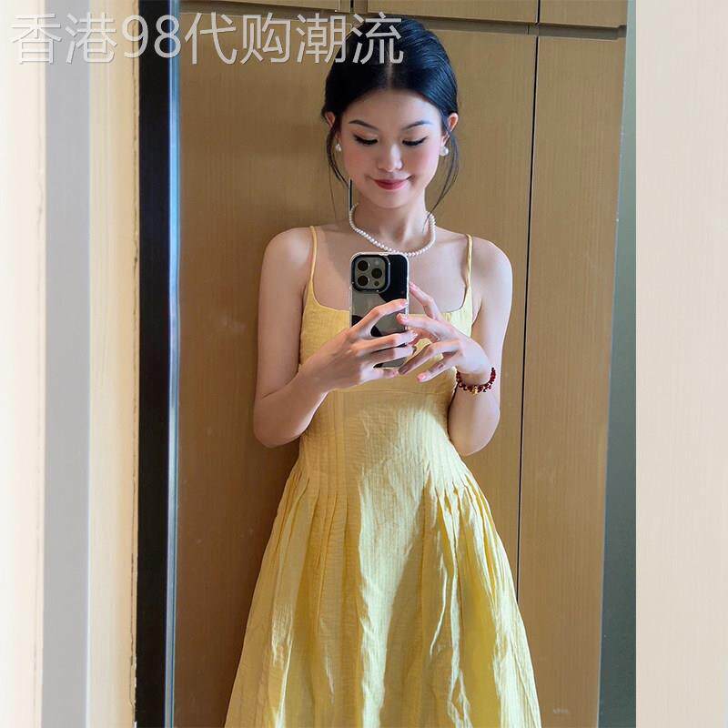法式气质小香风黄色吊带连衣裙女夏2025新款小个子收腰无袖长裙子