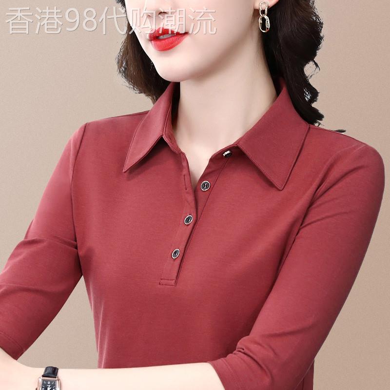 韩国棉长袖t恤女春秋装小衫2025新款翻领中年妈妈装衬衫上衣打底~