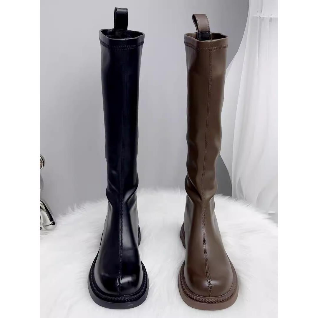 香港真皮长筒靴女2025秋冬季新款爆款加绒靴子平底显瘦高筒骑士靴