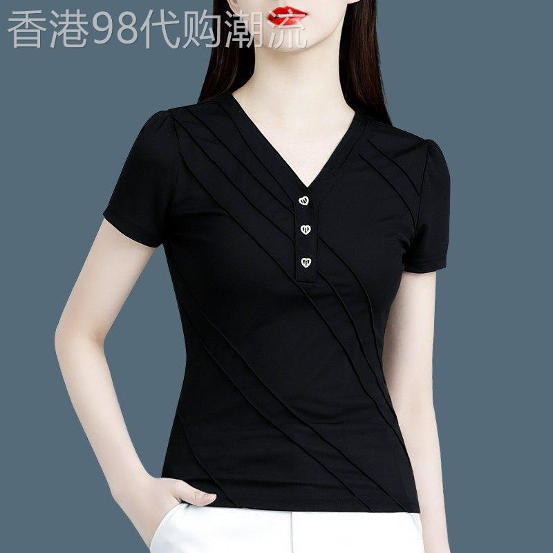 简约大方黑色V领冰丝短袖上衣女2026夏季新款中年妈妈宽松显瘦T恤