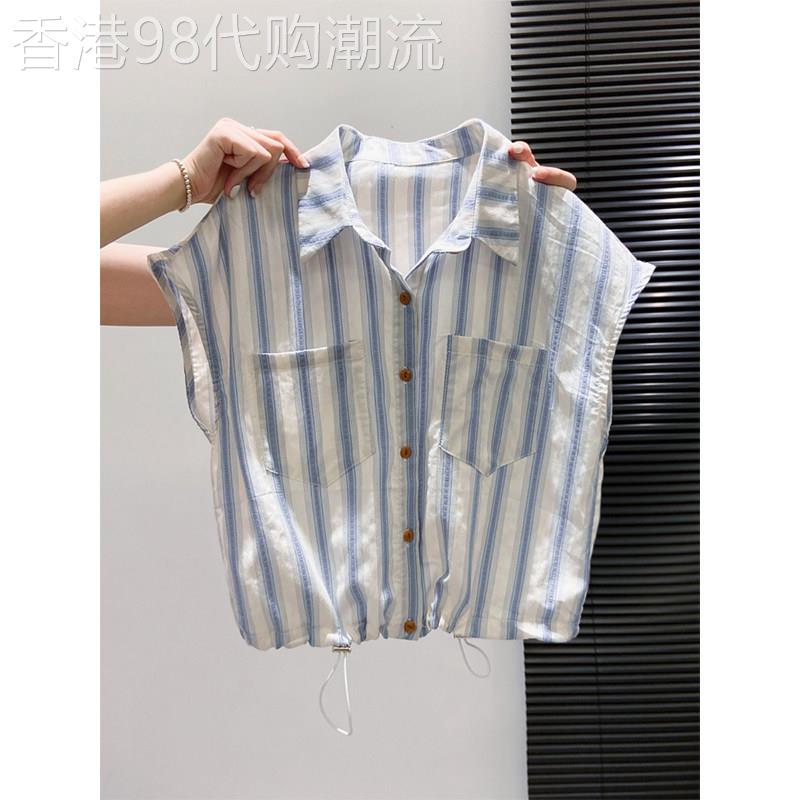 条纹翻领短袖衬衫女夏季薄款2026新款宽松显瘦polo领短款洋派上衣