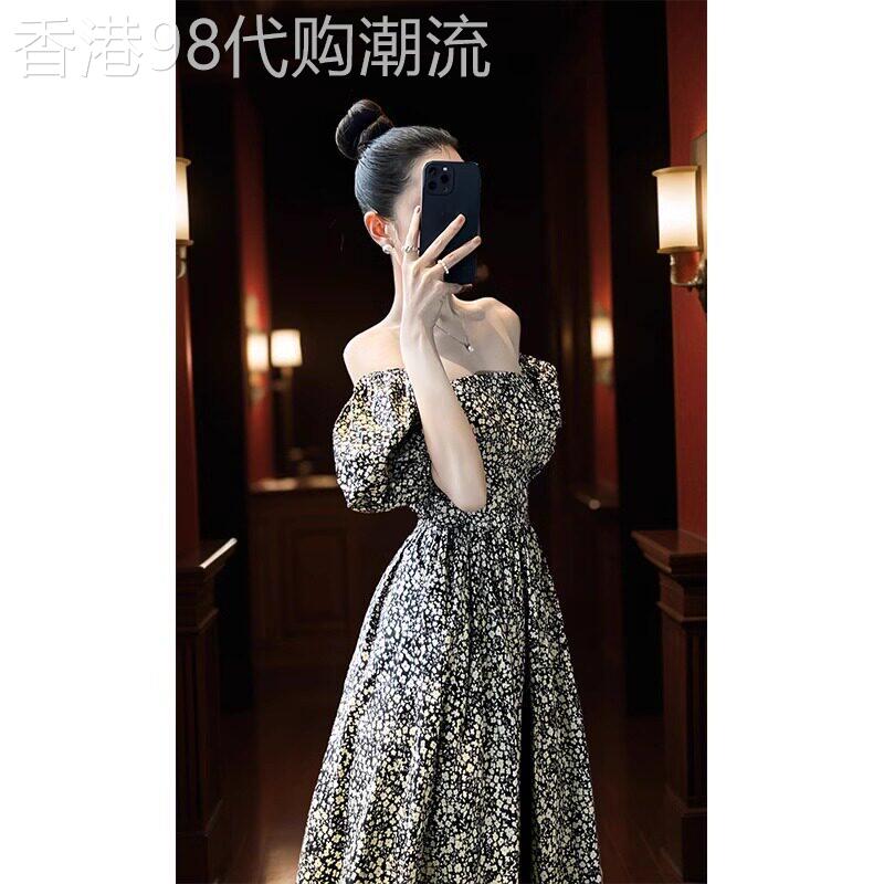 欧洲站2026新款法式高级感御姐风碎花长裙一字肩泡泡袖洋装女夏