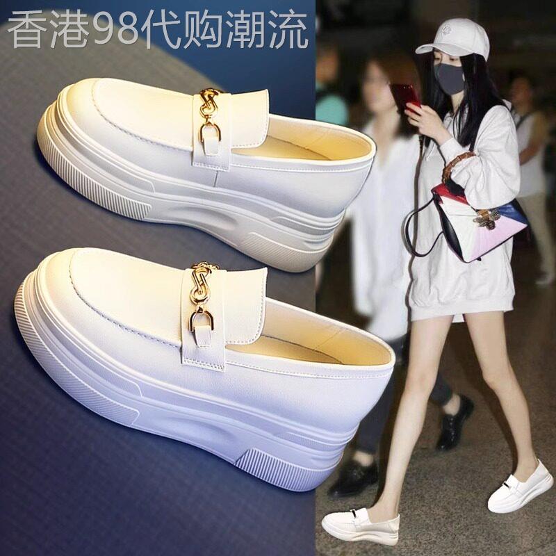厚底内增高小白鞋子女春夏季2025新款一脚蹬休闲 松糕鞋白色乐福