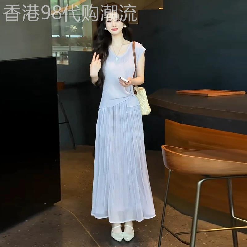 香港代购时尚套装裙女夏季新款洋派显瘦针织短袖上衣半身裙两件套