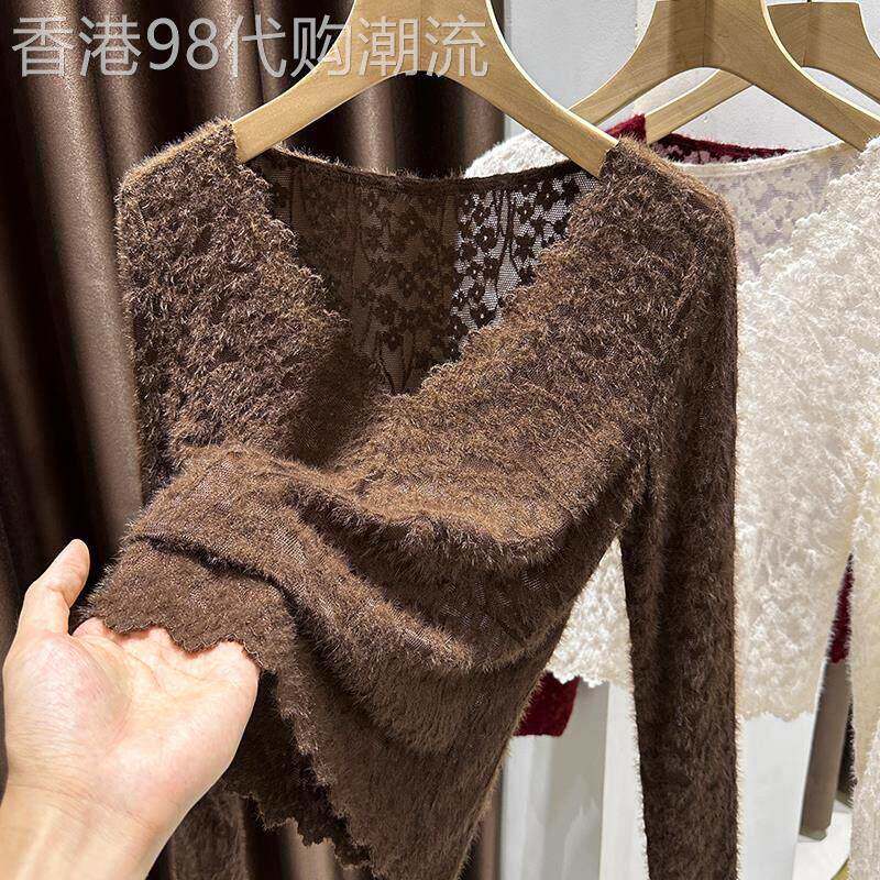 美拉德咖色花纹蕾丝V领打底衫女秋冬季性感花边网纱毛衣内搭上衣