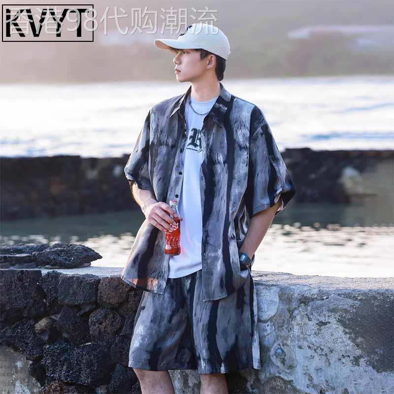 潮牌冰丝休闲运动套装男士2026年夏季新款短袖衬衫沙滩短裤两件套