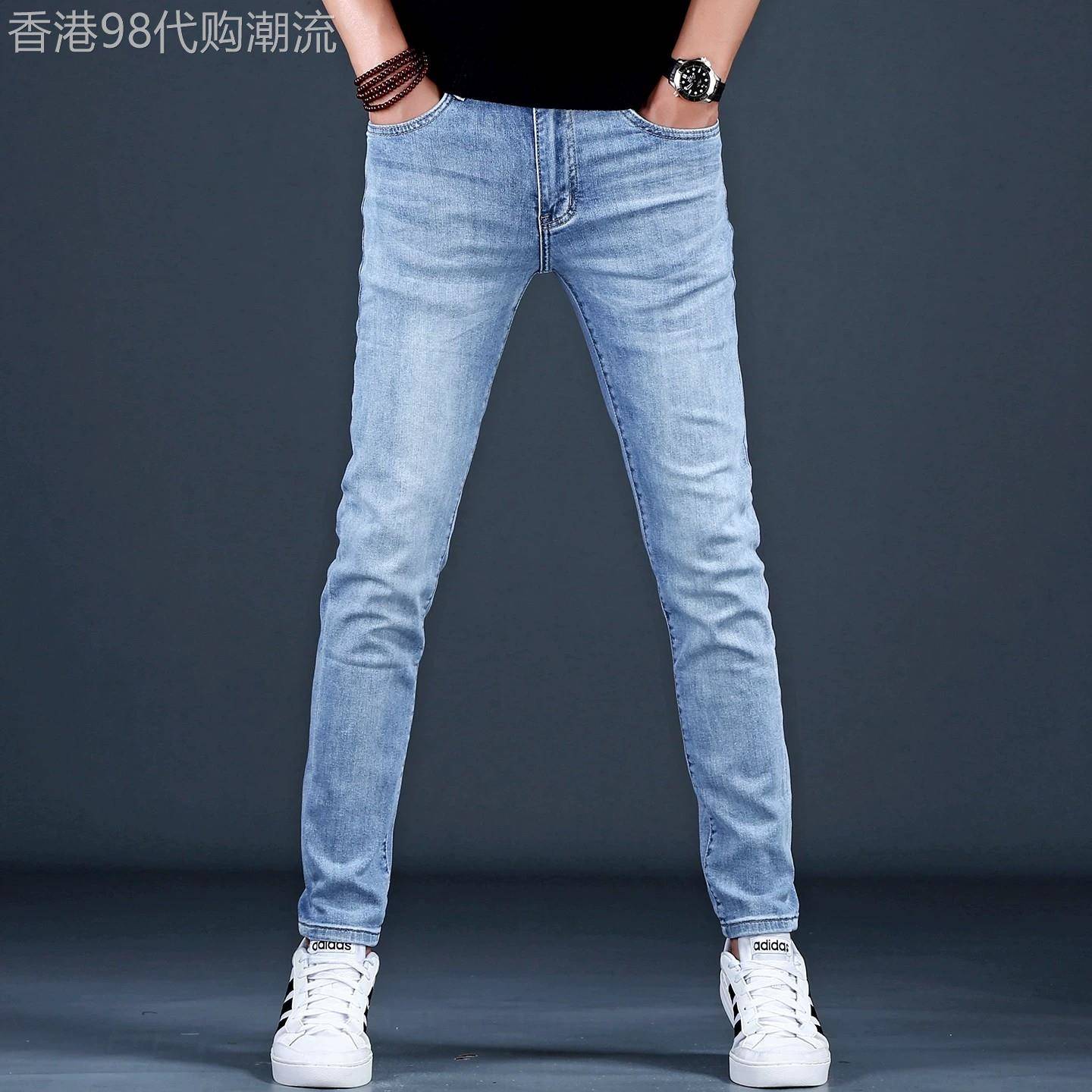 欧货高端新款修身马年刺绣牛仔裤男春季浅蓝色烟管裤潮牌帅气长裤