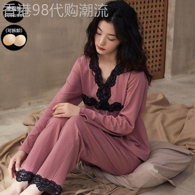 睡衣女带胸垫纯棉长袖长裤性感蕾丝2026春秋新款可外穿家居服套装