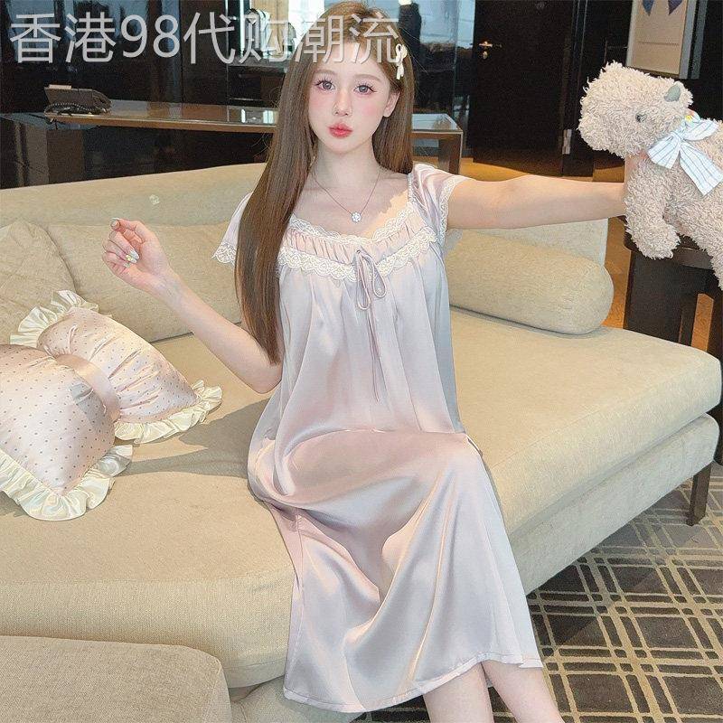 薇薇安|法式性感冰丝睡裙女夏季短袖宫廷风花边中长款睡衣裙子