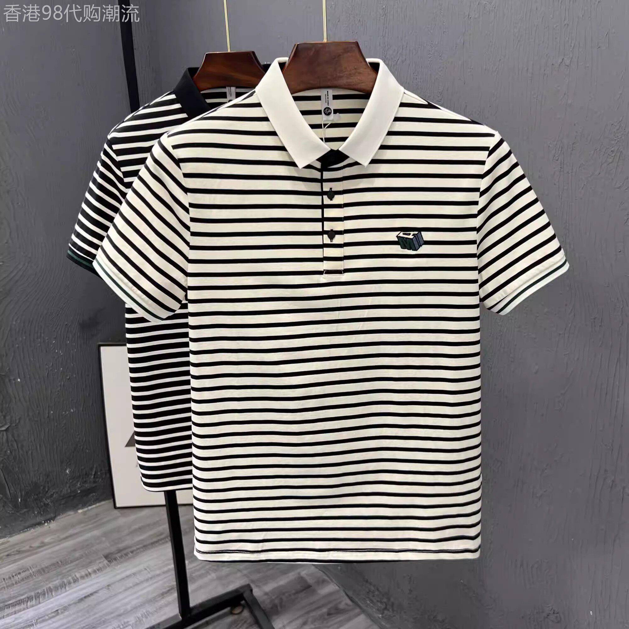 潮牌高品质POLO衫男士短袖商务休闲黑白条纹小翻领半袖棉透气T恤
