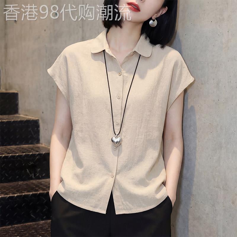 中年妈妈洋气翻领棉麻短袖衬衫女夏季新款宽松大码百搭通勤衬衣